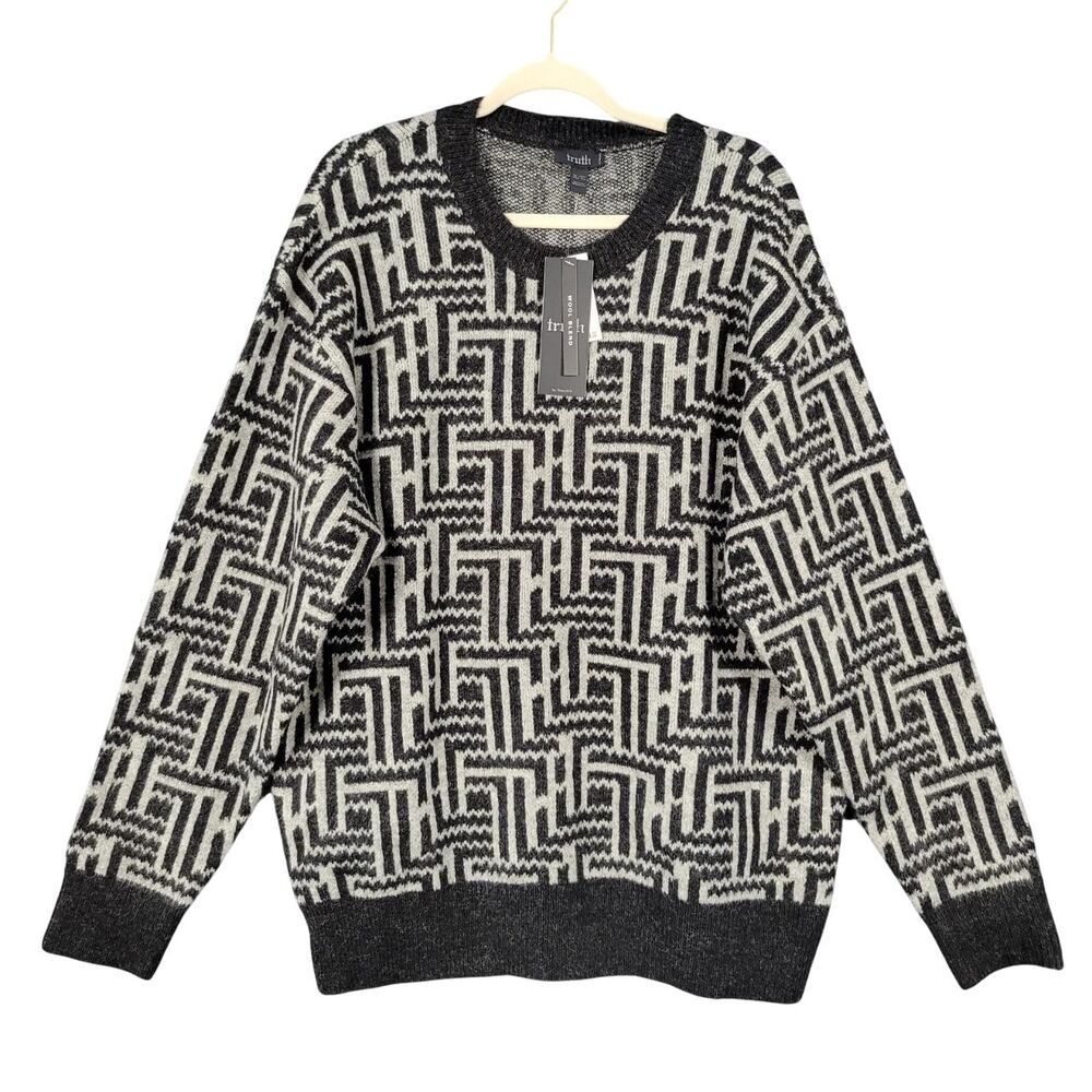 NWT TRUTH BY REPUBLIC Black Geometric Pattern Wool Blend Crew Sweater SIZE XL